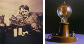 トーマス・エジソン（1847－1931）とエジソン発明の白熱電球レプリカ